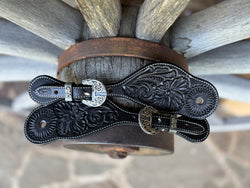 Clay Cassle - Large Black Tooled Spur Straps w/ Scroll KK Buckles