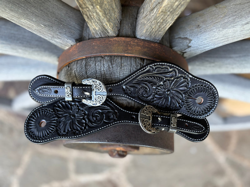 Clay Cassle - Large Black Tooled Spur Straps w/ Scroll KK Buckles