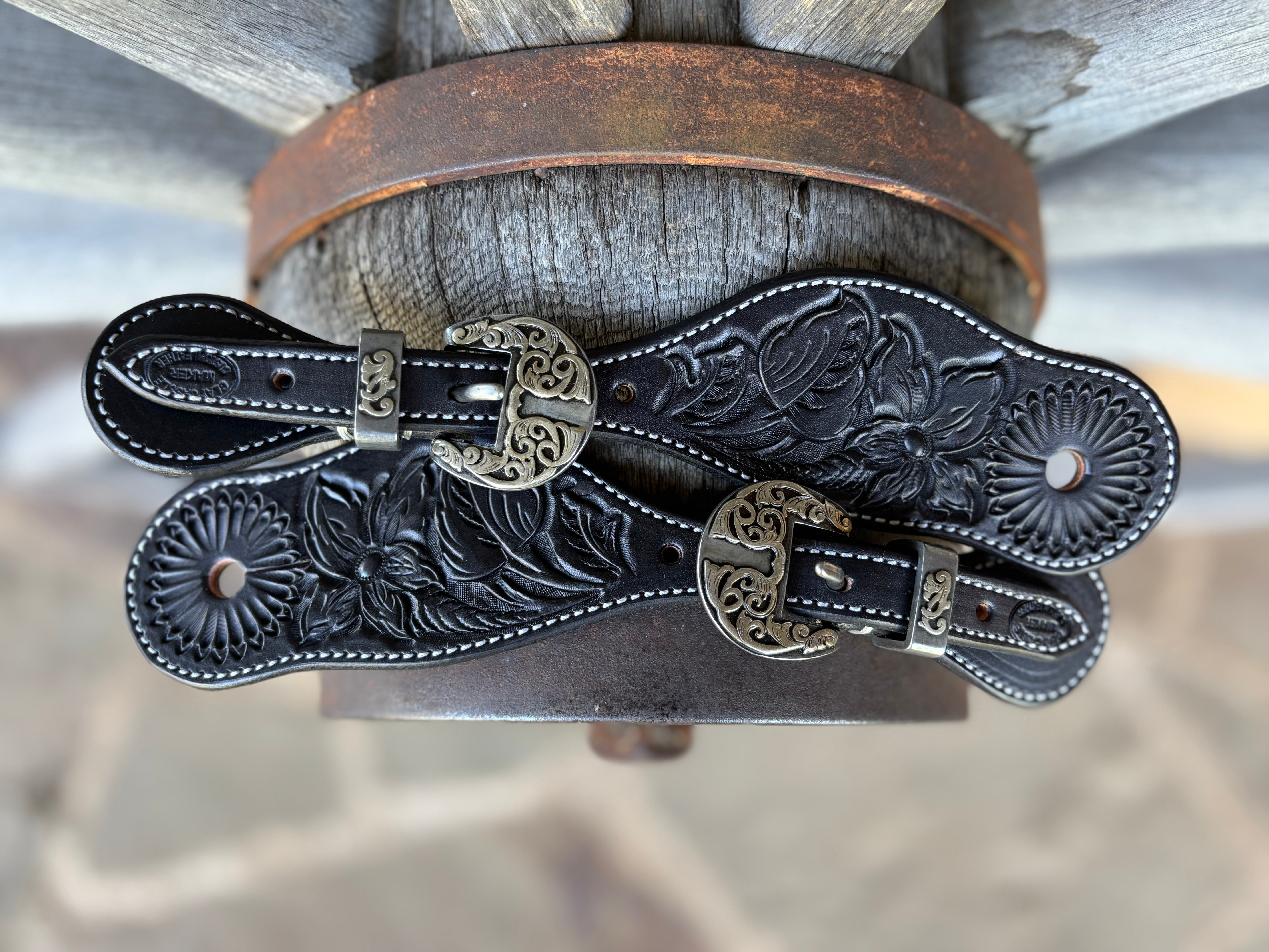 Clay Cassle - Small/Medium - Black Tooled Spur Straps w/ KK Buckles