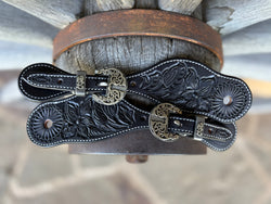 Clay Cassle - Small/Medium - Black Tooled Spur Straps w/ Scroll KK Buckles