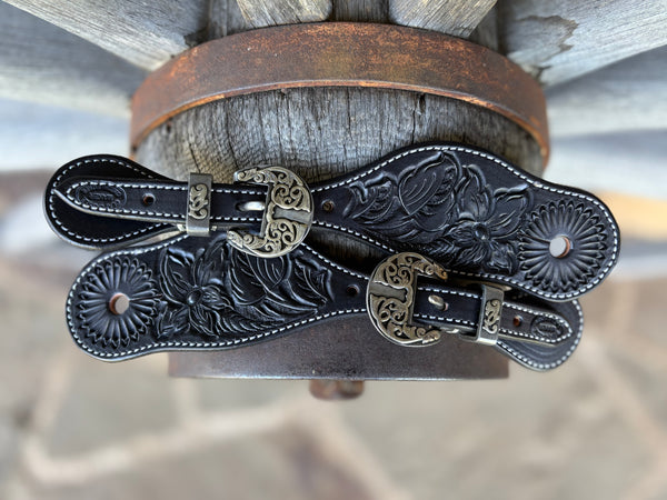 Clay Cassle - Small/Medium - Black Tooled Spur Straps w/ Scroll KK Buckles