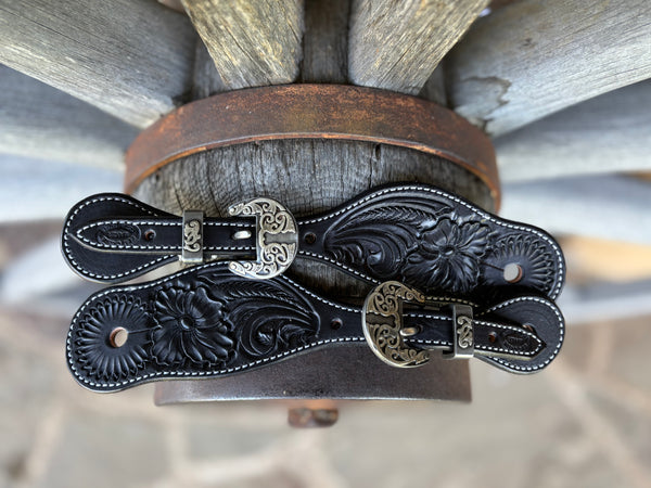 Clay Cassle - Small/Medium - Black Tooled Spur Straps w/ Scroll KK Buckles