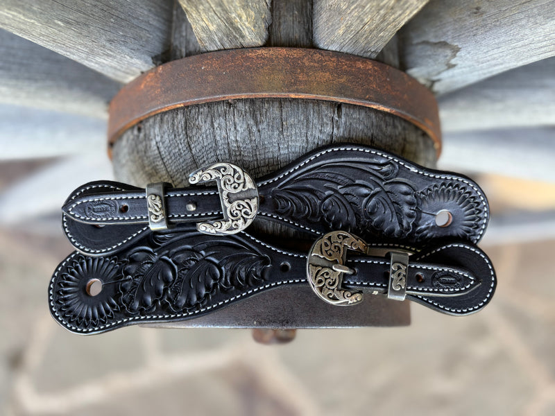 Clay Cassle - Small/Medium - Black Tooled Spur Straps w/ Scroll KK Buckles