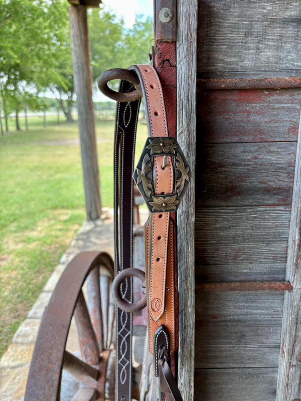 Cassle Smooth Stitched Split Ear Headstall w Floral Buckle
