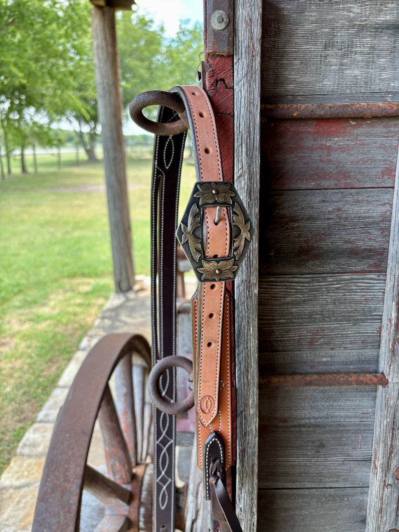 Cassle Smooth Stitched Split Ear Headstall w Floral Buckle