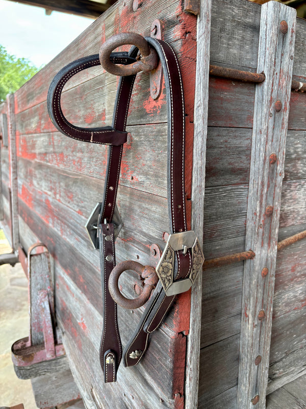 Bob Scott Single Ear Loop Headstall w/ Floral Diamond Buckle and Clover Concho