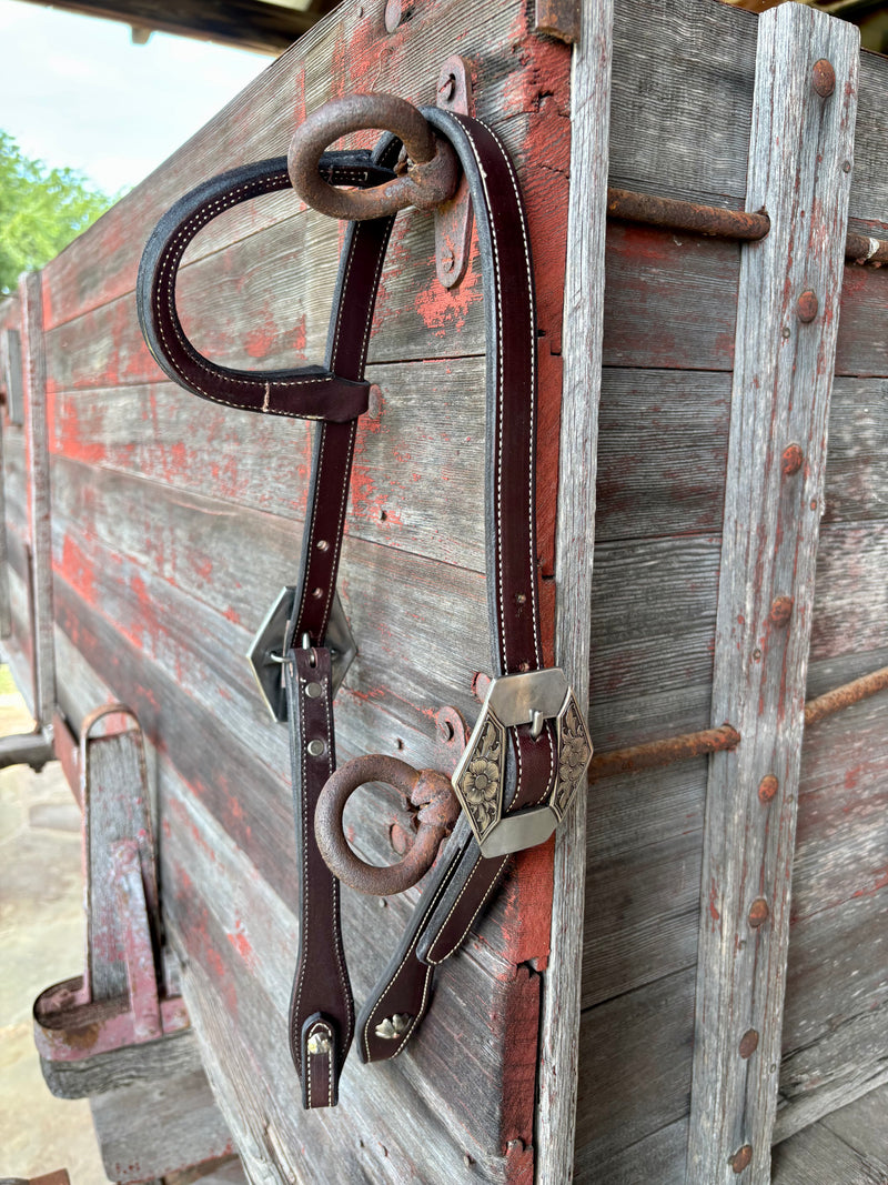 Bob Scott Single Ear Loop Headstall w/ Floral Diamond Buckle and Clover Concho