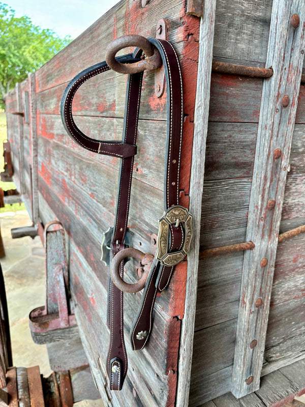 Bob Scott Single Ear Loop Headstall w/ Fancy Floral & Scroll Buckle and Clover Concho