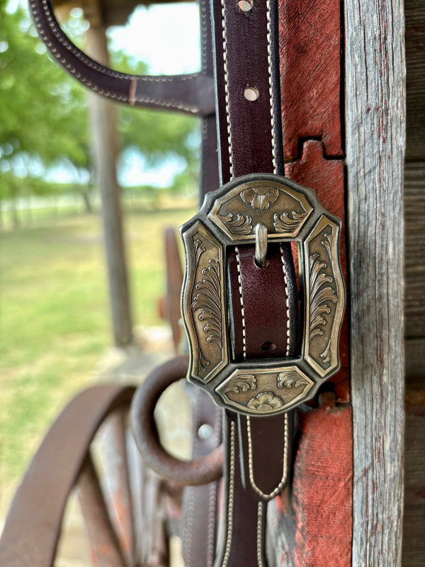 Bob Scott Single Ear Loop Headstall w/ Fancy Floral & Scroll Buckle and Clover Concho