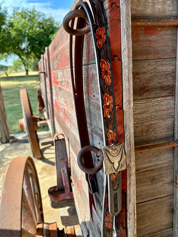 TM Leather 1" Split Ear Floral Headstall w/ Engraved Square Buckle