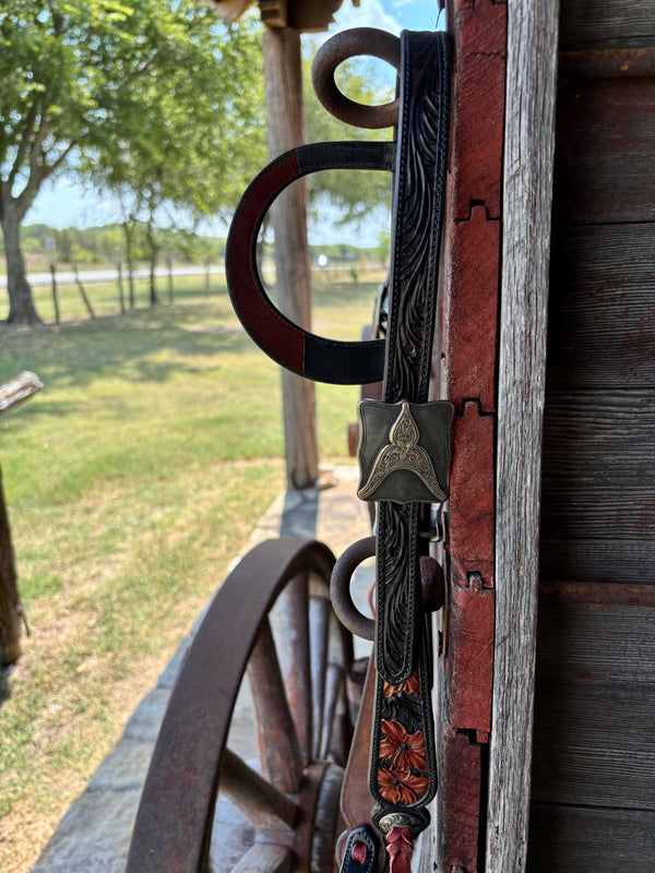 TM Leather Black/ Chocolate Floral and Scroll Ear Loop Headstall w/ Engraved Square Buckles