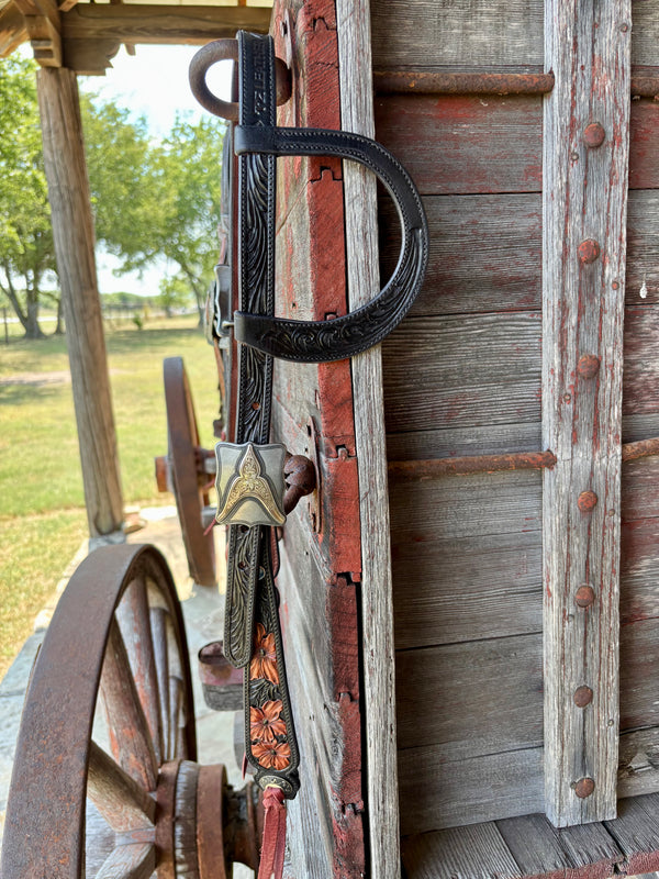 TM Leather Black/ Chocolate Floral and Scroll Ear Loop Headstall w/ Engraved Square Buckles
