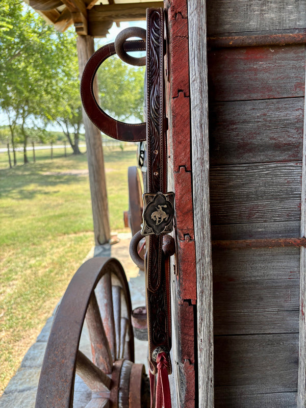 TM Leather Chocolate Floral and Scroll Ear Loop Headstall w/ Bronco Square Buckles