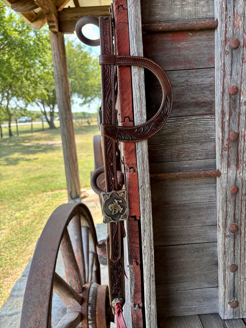 TM Leather Chocolate Floral and Scroll Ear Loop Headstall w/ Bronco Square Buckles