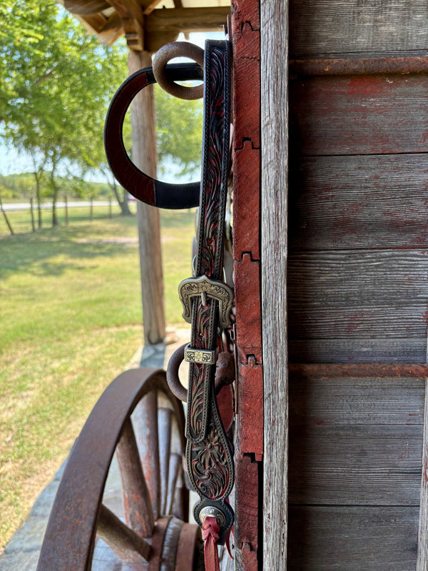 TM Leather Black/Red Floral and Scroll Ear Loop Headstall w Floral Buckles