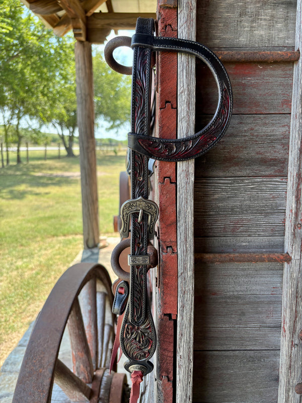 TM Leather Black/Red Floral and Scroll Ear Loop Headstall w Floral Buckles