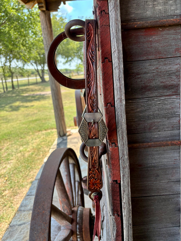 TM Leather Chocolate/ Natural Floral and Scroll Ear Loop Headstall w/ Scroll Diamond Buckles