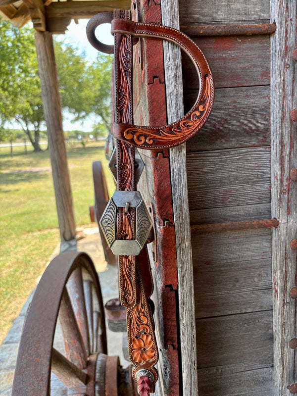 TM Leather Chocolate/ Natural Floral and Scroll Ear Loop Headstall w/ Scroll Diamond Buckles