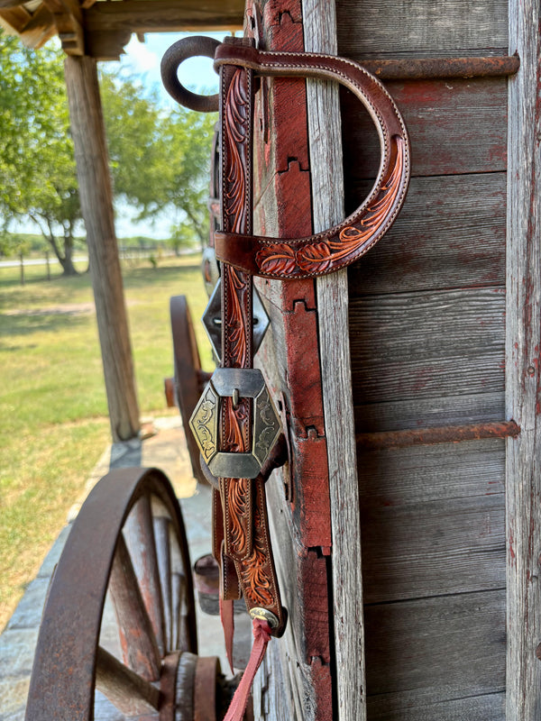TM Leather Chocolate Oak Leaf Ear Loop Headstall w/ Vine Diamond Buckles