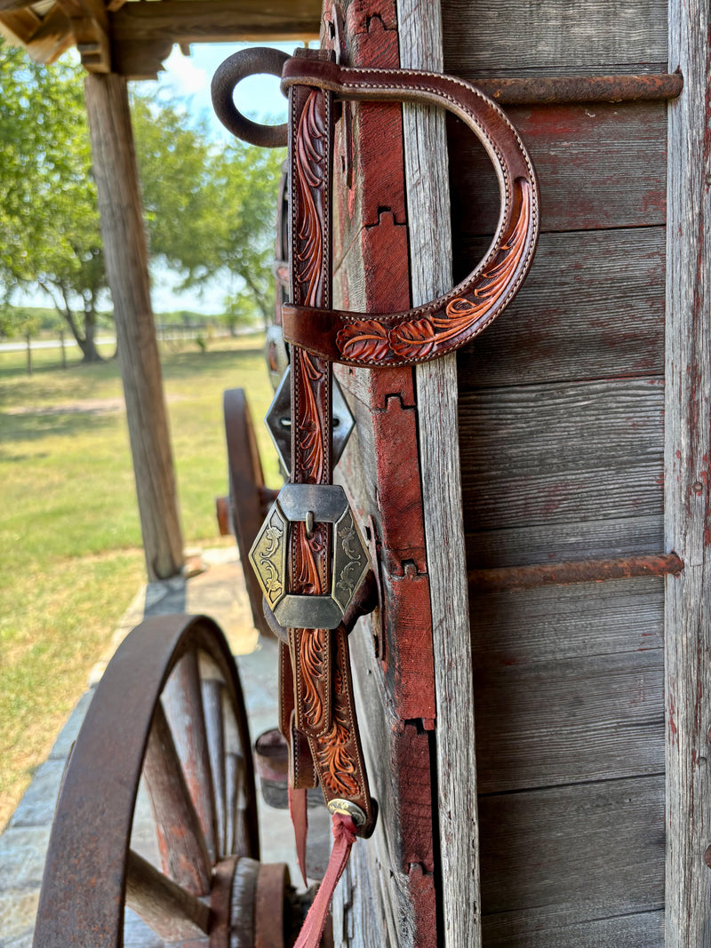 TM Leather Chocolate Oak Leaf Ear Loop Headstall w/ Vine Diamond Buckles