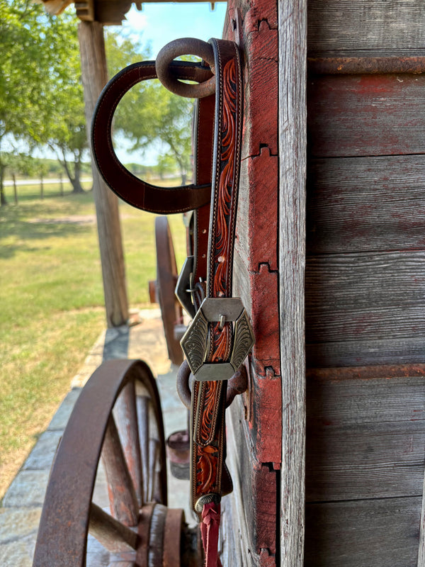 TM Leather Chocolate/Natural Floral and Scroll Ear Loop Headstall w/ Scroll Diamond Buckles
