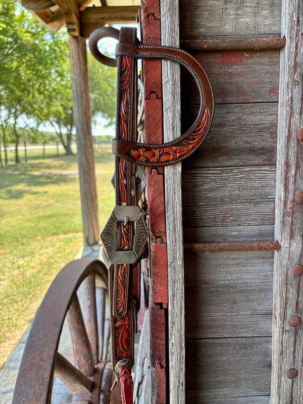 TM Leather Chocolate/Natural Floral and Scroll Ear Loop Headstall w/ Scroll Diamond Buckles