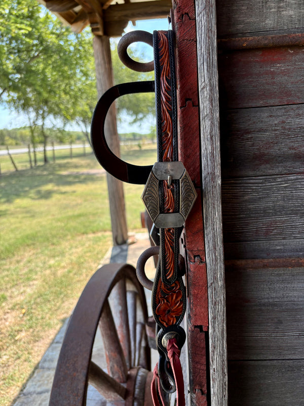 TM Leather Black/ Chocolate Floral and Scroll Ear Loop Headstall w/ Scroll Diamond Buckles