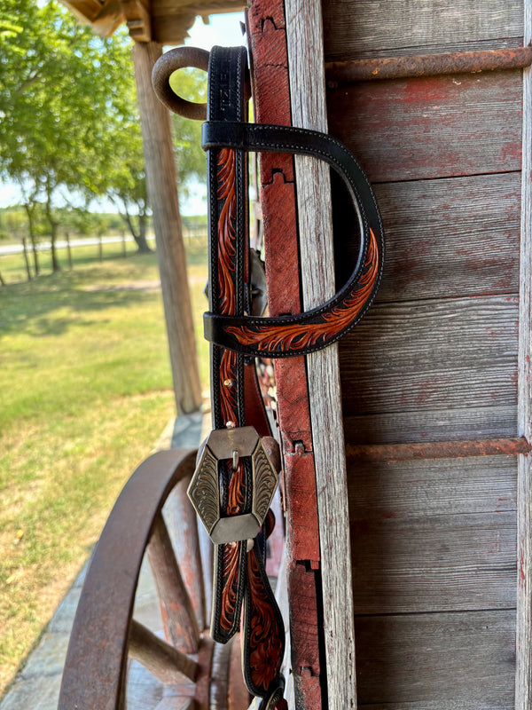 TM Leather Black/ Chocolate Floral and Scroll Ear Loop Headstall w/ Scroll Diamond Buckles