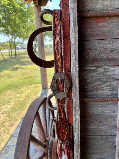 TM Leather Chocolate/ Natural Floral and Scroll Ear Loop Headstall w/ Floral Diamond Buckles