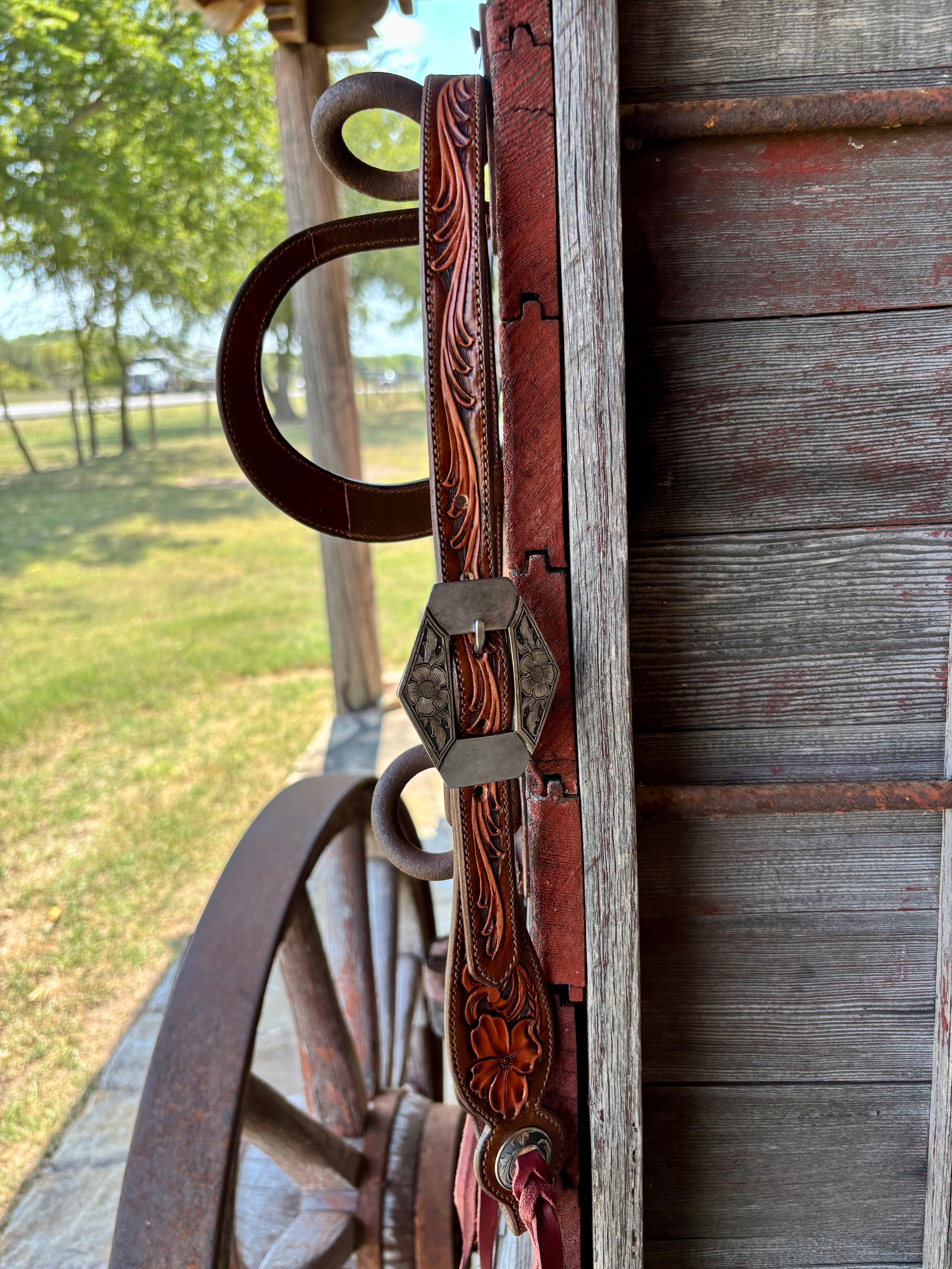 TM Leather Chocolate/ Natural Floral and Scroll Ear Loop Headstall w/ Floral Diamond Buckles