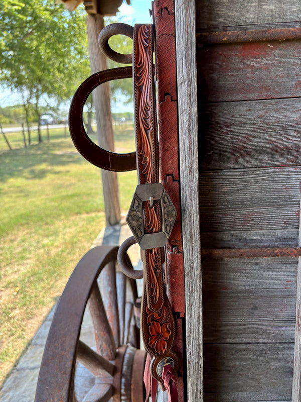 TM Leather Chocolate/ Natural Floral and Scroll Ear Loop Headstall w/ Floral Diamond Buckles