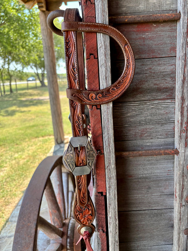 TM Leather Chocolate/ Natural Floral and Scroll Ear Loop Headstall w/ Floral Diamond Buckles