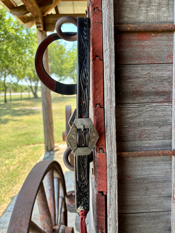 TM Leather Black Floral and Scroll Ear Loop Headstall w/ Floral Diamond Buckles