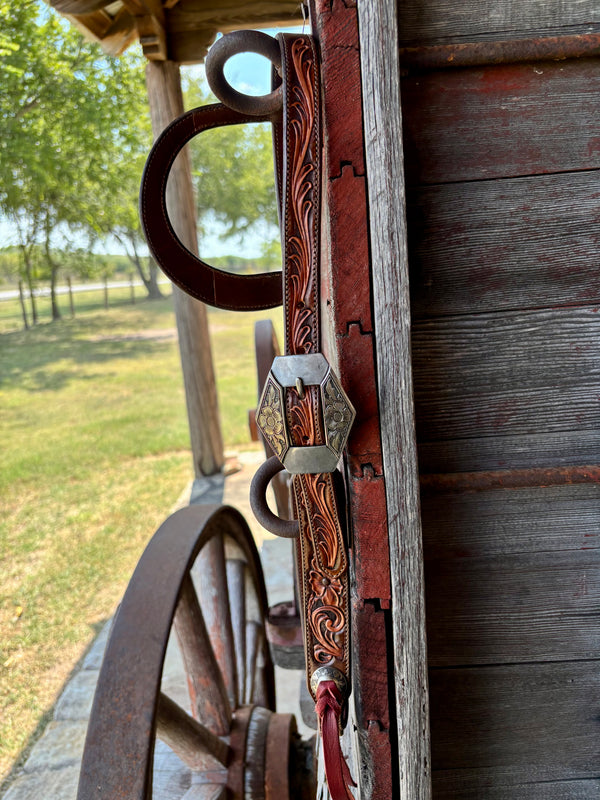 TM Leather Chocolate/Natural Floral and Scroll Ear Loop Headstall w/ Floral Diamond Buckles