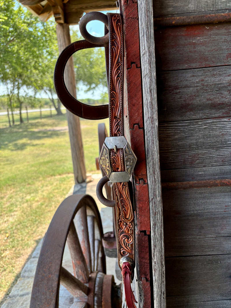 TM Leather Chocolate/Natural Floral and Scroll Ear Loop Headstall w/ Floral Diamond Buckles
