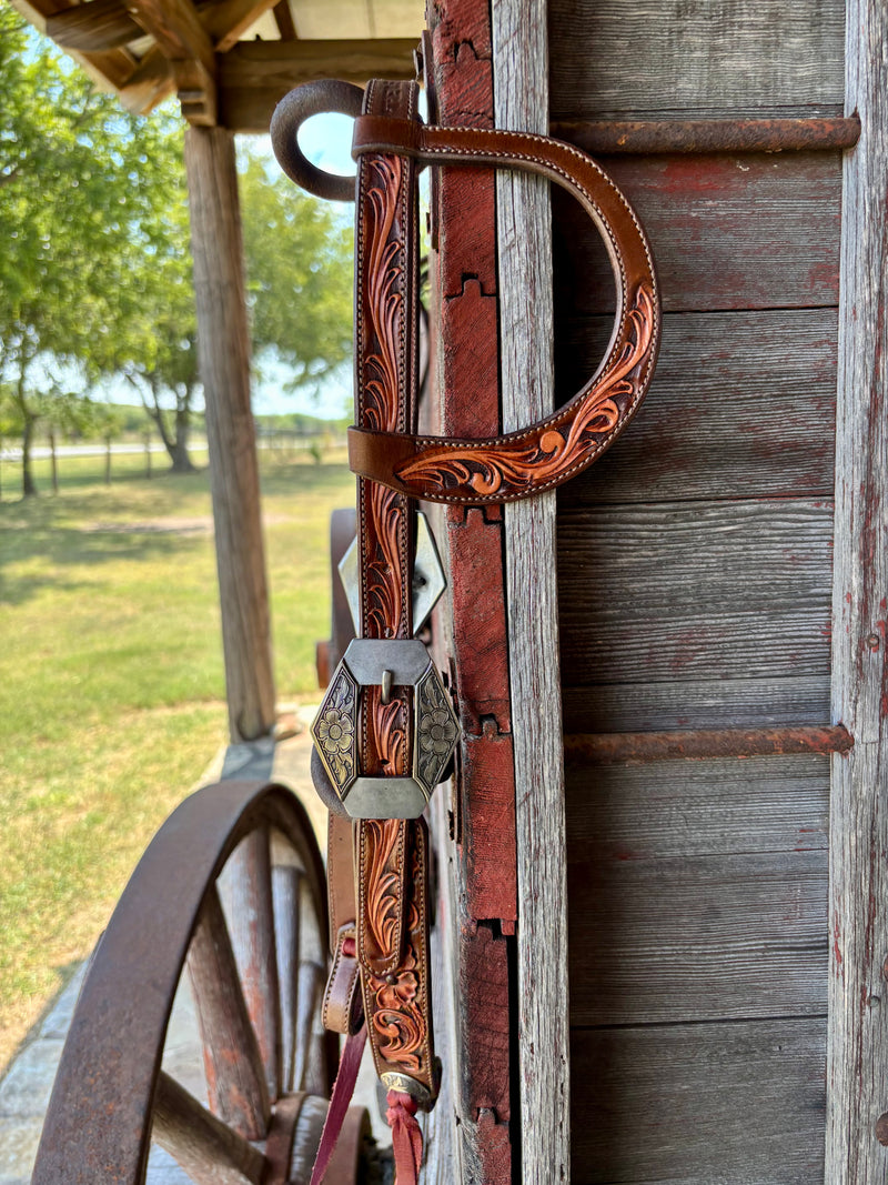 TM Leather Chocolate/Natural Floral and Scroll Ear Loop Headstall w/ Floral Diamond Buckles