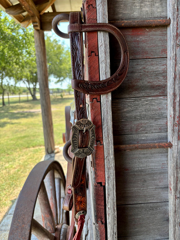 TM Leather Chocolate/ Natural Floral and Scroll Ear Loop Headstall w/ Floral and Scroll Buckles