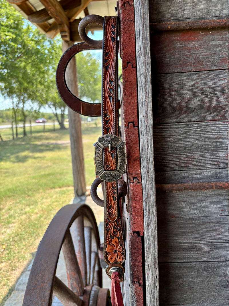 TM Leather 3 Tone Floral and Scroll Ear Loop Headstall w/ Floral and Scroll Buckles