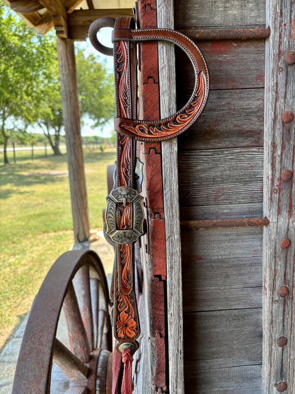 TM Leather 3 Tone Floral and Scroll Ear Loop Headstall w/ Floral and Scroll Buckles