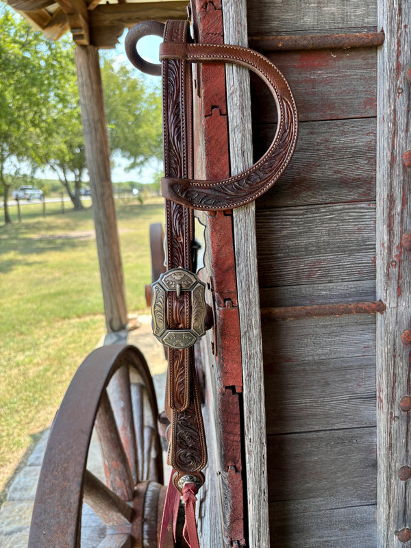 TM Leather Chocolate Scroll Ear Loop Headstall w/ Floral and Scroll Buckles