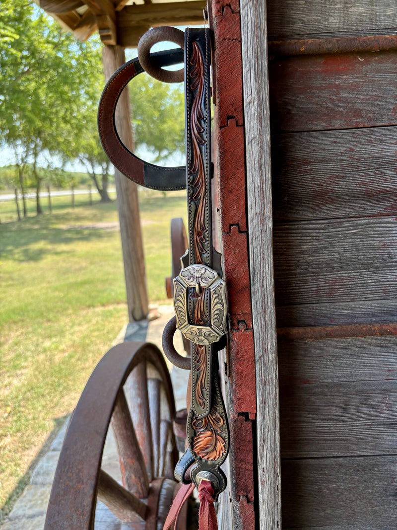 TM Leather 3 Tone Oak Leaf Ear Loop Headstall w/ Floral and Scroll Buckles