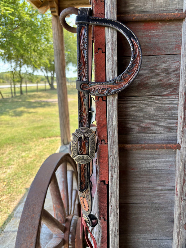 TM Leather 3 Tone Oak Leaf Ear Loop Headstall w/ Floral and Scroll Buckles