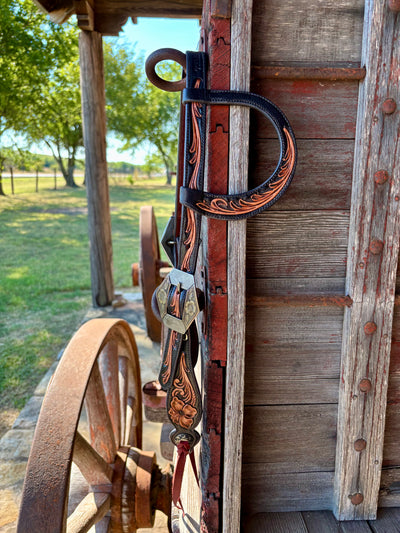 TM Leather Black and Natural Tooled Ear Loop Headstall w/ KK Diamond Buckles