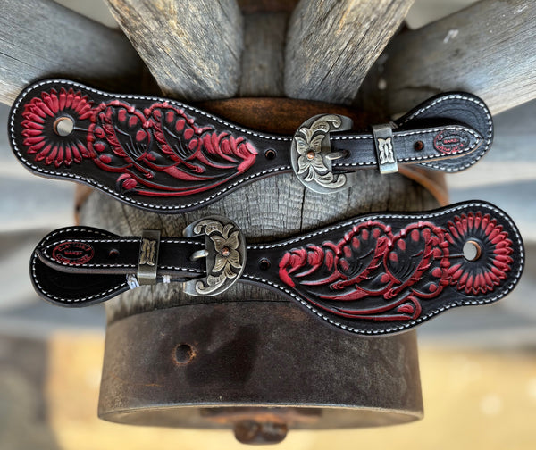 Clay Cassle - Small/Medium - Black & Red Tooled Spur Straps w/ Floral  KK Buckles