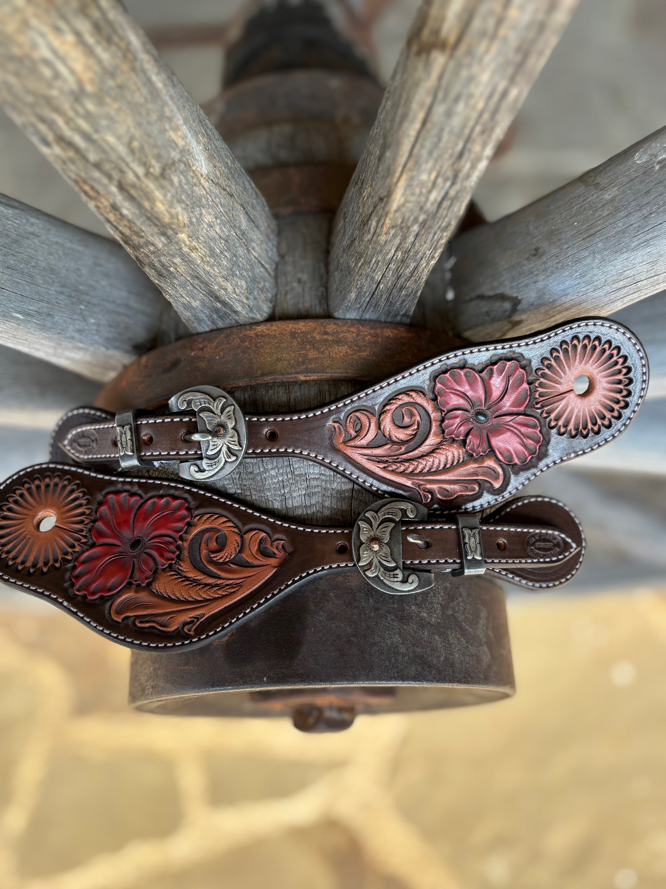 Clay Cassle - Large - Tri-Colored w/ Red Flower Tooled Spur Straps w/ Floral  KK Buckles