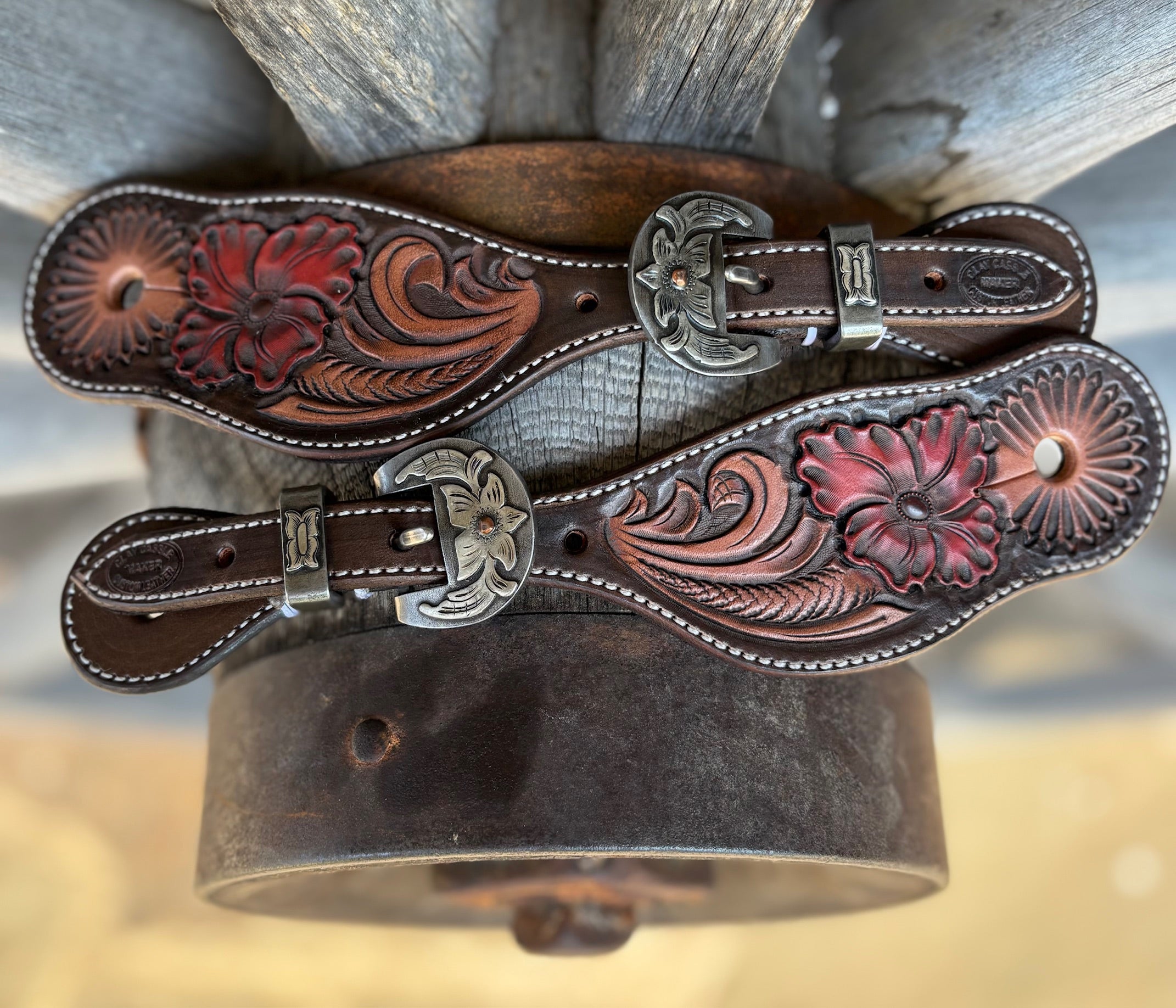 Clay Cassle Small/Medium Red Flower Tooled Spur Straps w/ Floral  KK Buckles