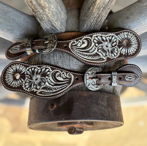 Clay Cassle - Small/Medium -  Vintage Chocolate Tooled Spur Straps w/ Floral  KK Buckles