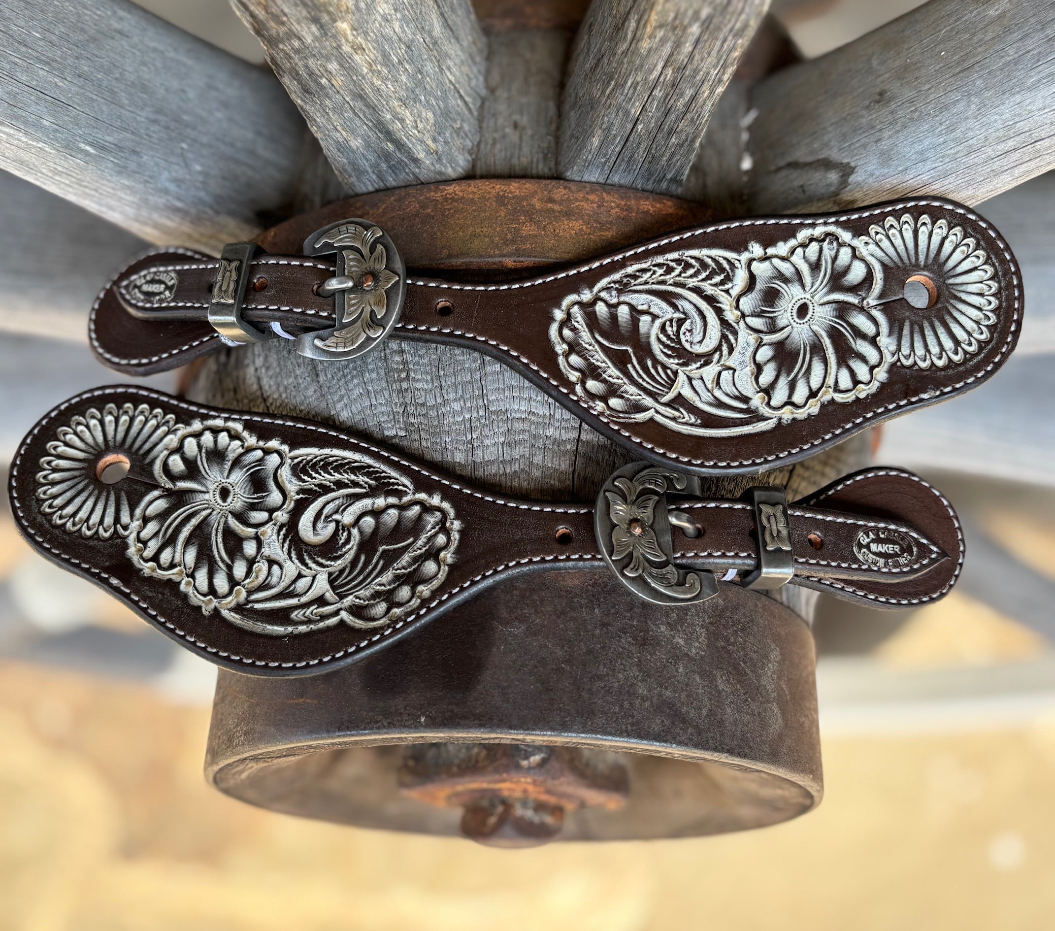 Clay Cassle Large Vintage Chocolate Tooled Spur Straps w/ Floral KK Buckles