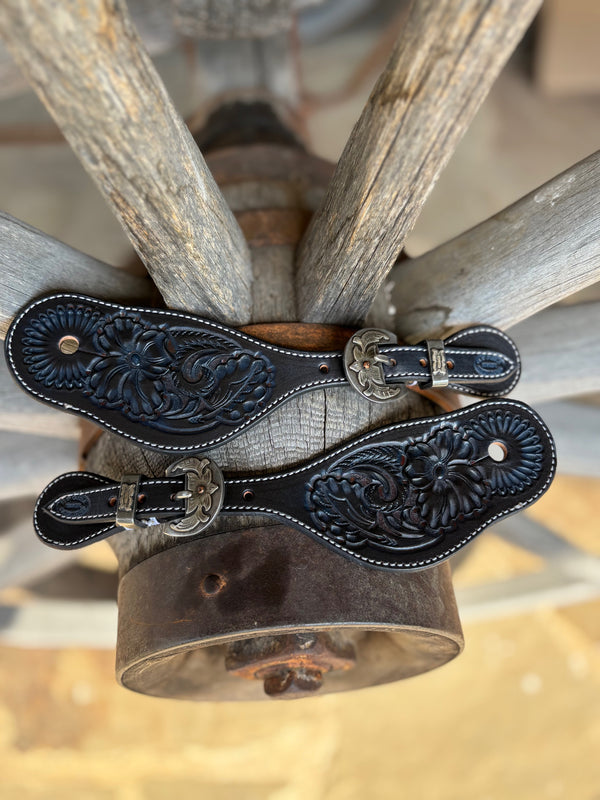 Clay Cassle - Large - Black Blueberry Tooled Spur Straps w/ Floral  KK Buckles