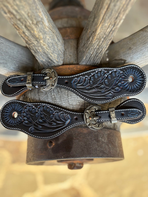 Clay Cassle - Small/Medium - Black Blueberry Tooled Spur Straps w/ Floral  KK Buckles